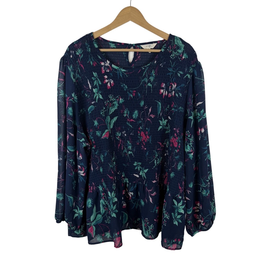 Terra‎ & Sky Floral Smocked Peplum Blouse Size 4X Stretch Lightweight Cottage